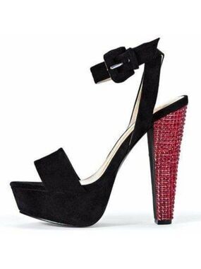 Colin Stewart Black Suede Red Jeweled Gem Studded Strappy Open Toe Heels